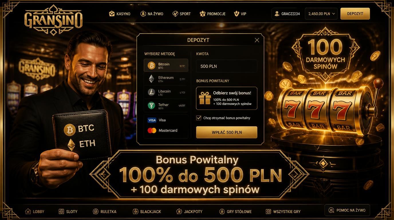 Gracz z portfelem kryptowalut i ekranem bonusu powitalnego Gransino