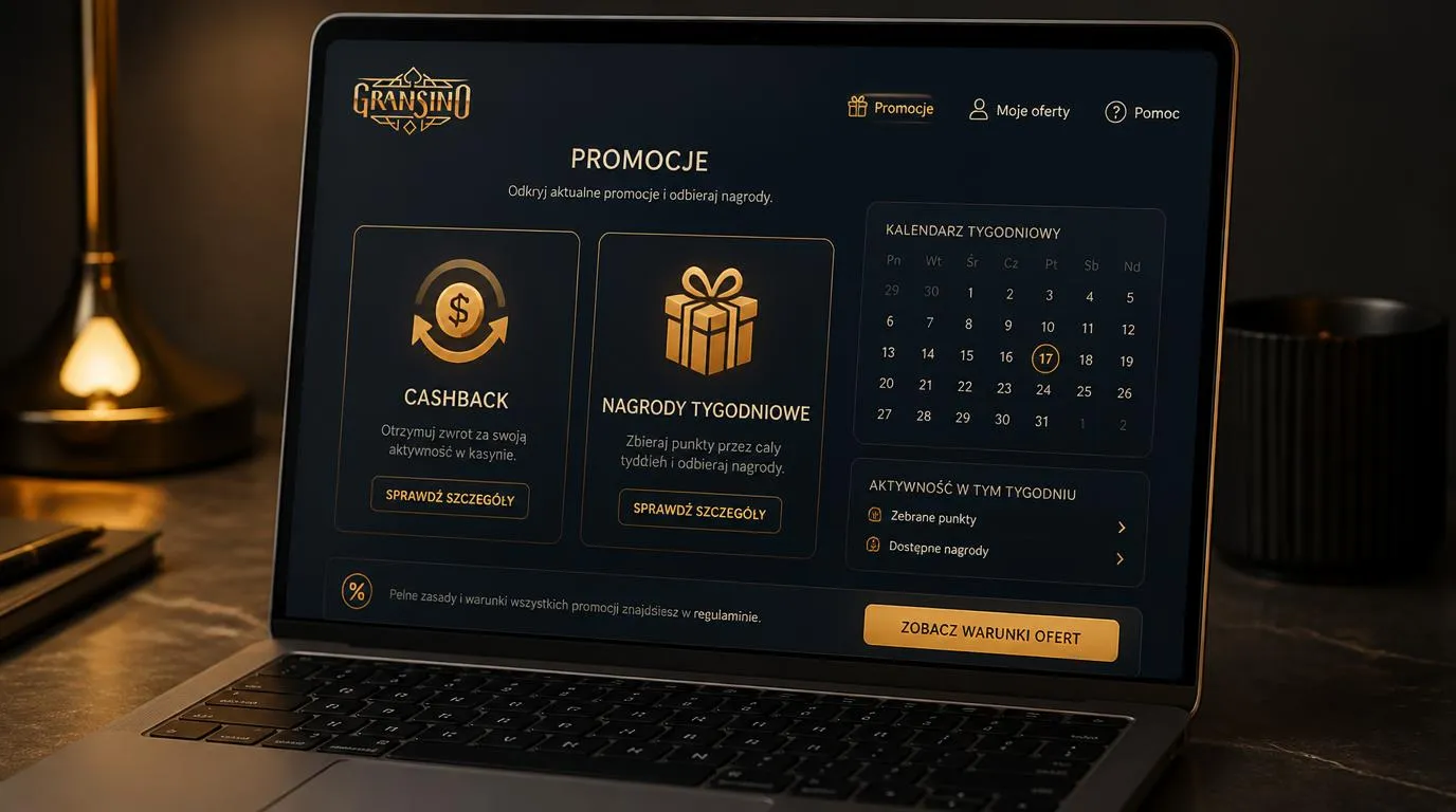 Ekran kasyna z kafelkami cashbacku i nagród tygodniowych oraz kalendarzem promocji